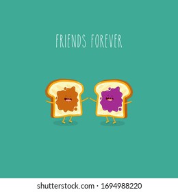 toasted bread with peanut butter and jam friends forever. Vector illustration. Use for the menu, in the shop, in the bar, the card or stickers. Easy to edit