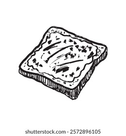 Toasted bread with pesto paste in black brush stroke texture isolated on white background. Hand drawn vector sketch illustration in vintage charcoal. Cafe menu, recipe design, lunch time