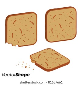 Toasted bread pieces, whole and bitten bread piece with crumbs, vector illustration