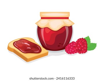 Toasted bread with raspberry jam vector illustration. Toast and raspberry jam breakfast still life vector. Jam jar with raspberries and slice of bread icon isolated on a white background