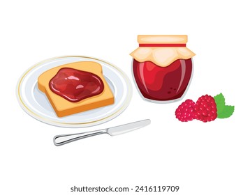 Toasted bread with raspberry jam vector illustration. Toast on a plate and raspberry jam breakfast still life vector. Jam jar with raspberries and slice of bread icon set on a white background