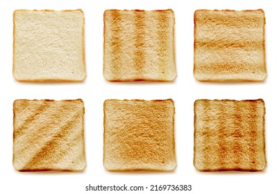 Toasted bread for sandwich 3D isolated vector set realistic illustration, top view, traditional breakfast. Square slices of bread with different degrees of roasting on white background