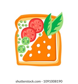 Toasted bread slice with butter, cheese, tomatoes, cucumbers and basil leaves. Delicious snack for breakfast. Flat vector design