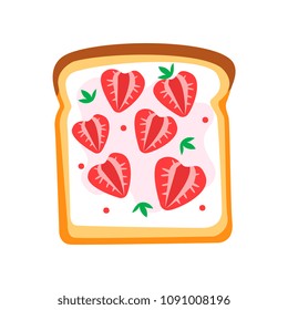 Toasted bread slice with butter and ripe strawberry. Sweet sandwich. Tasty snack for breakfast. Flatvector design
