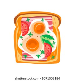 Toasted bread slice with fried eggs, fresh tomatoes, bacon and leaves of basil. Delicious snack for breakfast. Flat vector design
