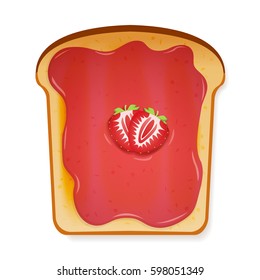 Toasted bread slice of a sandwich red strawberry jam for breakfast and isolated over top white background.