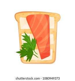 Toasted bread slice with smoked salmon fillet, butter and parsley. Delicious snack. Food theme. Flat vector design for menu or recipe book