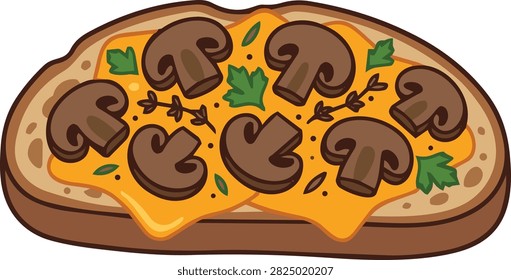 Toasted bread slice topped with melted cheese and sauteed mushrooms vector illustration