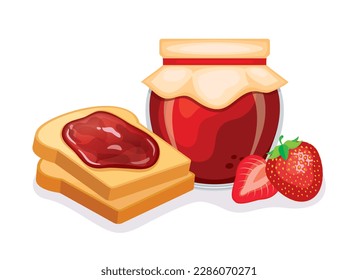 Toasted bread with strawberry jam vector illustration. Toast and strawberry jam breakfast still life vector. Jam jar with fresh strawberries icon isolated on a white background