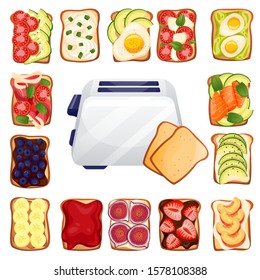 Toasted bread with various delicious toppers and toaster. Breakfast vector top view cartoon icons. Recipes and ingredients for healthy toast toppings. Restaurant or cafe brunch menu design elements.