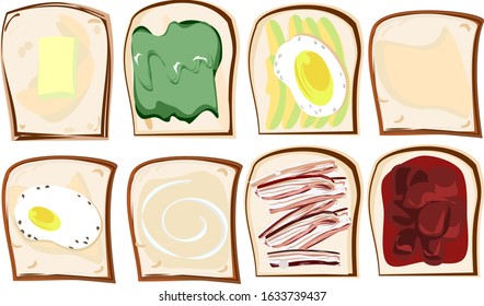 Toasted bread with various delicious toppers ,Breakfast cartoon , vector top view