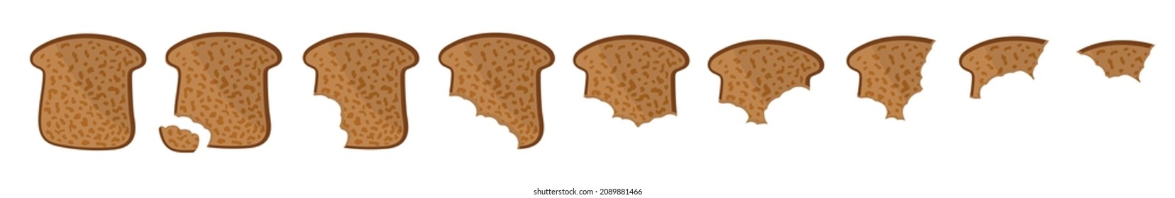 Toasted Brown bread pieces, whole and bitten bread piece. Bakery product in cartoon style.  Vector illustration isolated on a white background. 