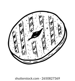Toasted half bagel. Hand drawn doodle vector. Baked tasty breakfast food. Bread ring. Confectionery round bun. Bakery cafe menu. Illustration line art element.