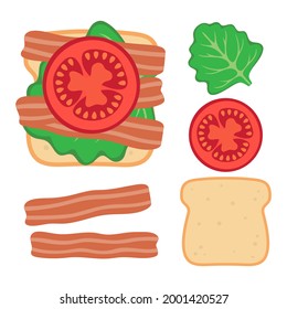 toasted loaf of bread with lettuce salad, fresh tomatoes and bacon, vector illustration with sandwich ingredients, concept of healthy breakfast