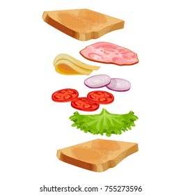 Toasted loaf of bread with lettuce salad, fresh tomatoes vector