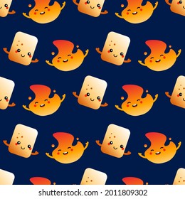 Toasted marshmallow and burning fire, flame cute smiling cartoon characters vector seamless pattern background for camping design.
