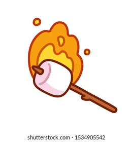 Toasted marshmallow on stick with fire flame, simple and cute cartoon style clip art illustration.