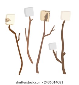 Toasted marshmallow on stick illustration set. Flat vector graphic elements of campfire roasted marshmallows.