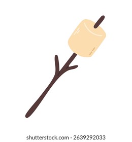 Toasted marshmallow on a wooden stick for roasting over campfire, perfect for camping and picnic scenes