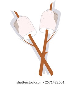 Toasted marshmallow. Marshmallow roasting.Marshmallow and stick vector.