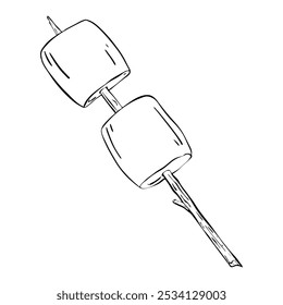 Malvaviscos tostados en un palo para deliciosos bufones con familiares y amigos alrededor del fuego. Ilustración de boceto de Vector. Comida. Turismo