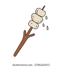 Marshmallows torrados em um desenho de linha de vareta