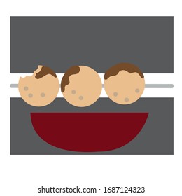 Toasted Meatballs Three balls Skewers topped with sauce Place the bowl of noodles on grey background.