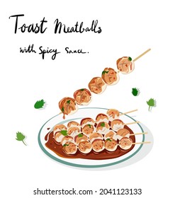 Toasted meatballs topped with spicy sauce tasty street food. Vector illustration on white background.