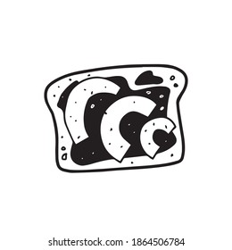 A toasted piece of bread with avocado slices and spread cream. Morning food, healthy nutrition, meal for vegans. Vector doodle illustration