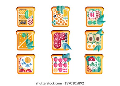 Toasted sandwich with various ingredients set vector Illustrations on a white background