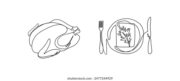 Toasted turkey dinner continuous one line drawing, single line art element, minimalist sketch line vector illustration, autum and thanksgiving concept