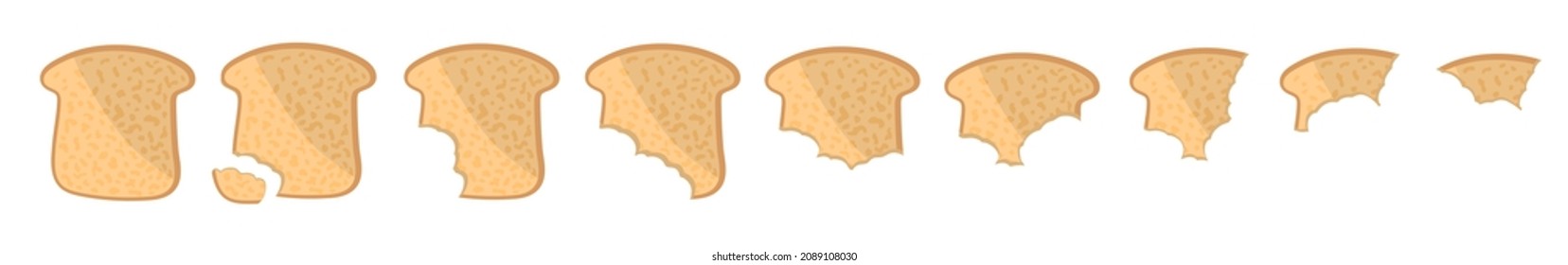 Toasted White bread pieces, whole and bitten bread piece. Bakery product in cartoon style.  Vector illustration isolated on a white background. 