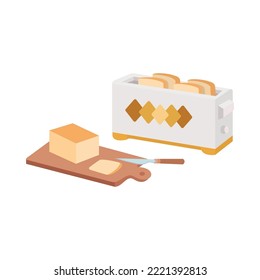 Toaster with 4 loaves, with bread slices on wooden cutting board. Kitchen utensil concept. Flat isolated vector illustration.