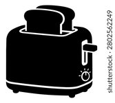 Toaster black silhouette icon isolated on white background. The illustration shows a kitchen toaster with two bread slices inside, rounded appliance body, top bread slot, side lever, control knob, small indicator marks, bottom feet, and clean cutout highlights, designed in a simple minimal icon style for kitchen labels, breakfast menus, stickers, decals, logos, cutting files, and stock design projects.