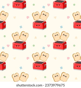 Toaster bread cartoon so cute. On heart geometry background. Pattern seamless vector illustration. 

