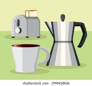 toaster bread coffee pot and cup