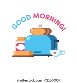 Toaster, bread, flat, butter, coffee, confiture