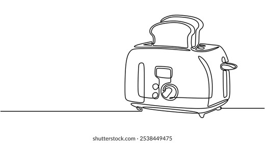 Toaster or bread in a grill depicted in continuous one line drawing. Food and kitchen appliance concept.