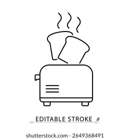 Uma torradeira com ícone de pão em estilo minimalista com traço editável. Aparelho de cozinha, item de café da manhã, torrada quente, dispositivo elétrico, preparação de alimentos, objeto de contorno, ilustração de linha de vetor.