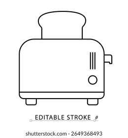 Uma torradeira com ícone de fatia de pão em estilo minimalista com traçado editável. Aparelho de cozinha, dispositivo de café da manhã, torradeira elétrica, torrada quente, preparação de alimentos, objeto de contorno, ilustração de linha de vetor.