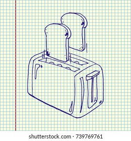 Toaster with bread slices cartoon. Hand drawn vector stock illustration. Blue pen drawing