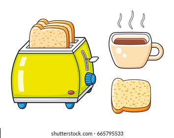 Toaster with bread slices, toast, hot coffee cup isolated, breakfast food icons.