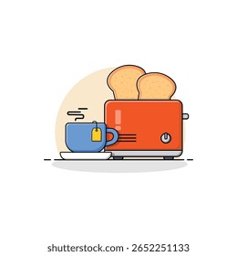 Toaster with Bread and Tea Cup Vector Illustration. Breakfast Concept Design