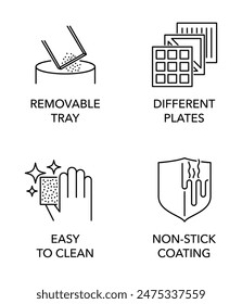 Toaster, breakfast machine or electric grill features icons set - removable tray, different plates, easy to clean and non-stick coating. Pictograms for labeling in thin line