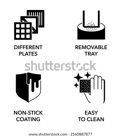 Toaster, breakfast machine or electric grill features icons set - removable tray, different plates, easy to clean and non-stick coating. Pictograms for labeling in monochrome style