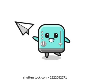 toaster cartoon character throwing paper airplane , cute design