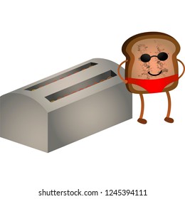 Toaster with cooked  bread in trunks and sunglasses. Vector Illustration. Isolated on a white background