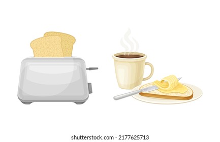 Toaster, Cup of Hot Steaming Coffee and Butter Spreading on Bread as Good Morning Symbol and Attribute Vector Set