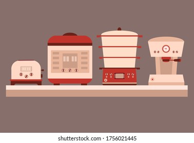 Tostadora, caldera doble, cafetera, cocina lenta. Grandes electrodomésticos, electrodomésticos de cocina. Ilustración vectorial plana. Iconos
