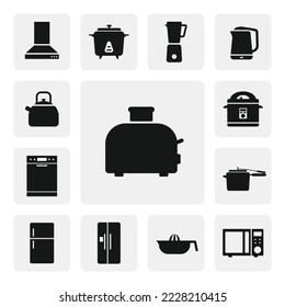 Toaster flat web icon. Pop up toaster sign silhouette. Minimalist toaster solid black icon vector design. Bread toaster cartoon clipart. Kitchen concept symbol emblem. Kitchen appliances icon set